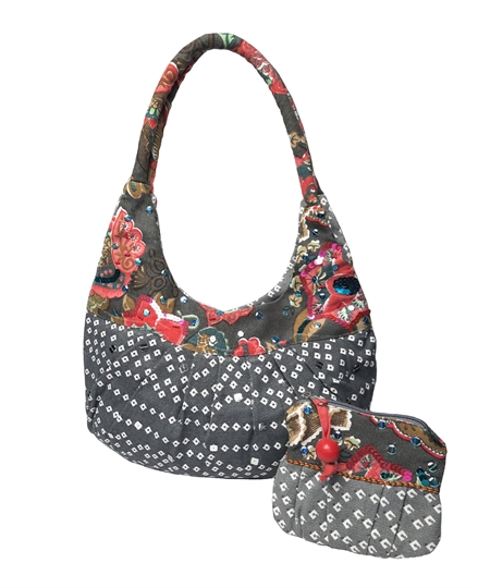 Grey diamonds and flowers embellished canvas bag