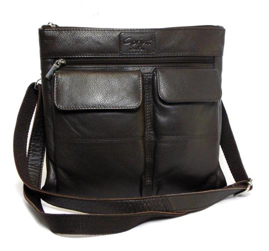 Women's brown leather utility across body bag with front flap pockets